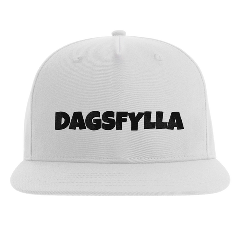 Vit keps med rak textdesign och lekfull attityd