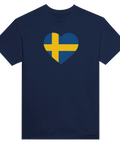 Marinblå t-shirt med gult och blått hjärta som tryck