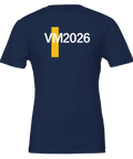 Grafiskt VM 2026 tryck med gul linje på marinblå supportertröja