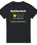 Roligt motiv: Nykterhet får en stjärna, "skulle ej rekommendera" på svart t-shirt.
