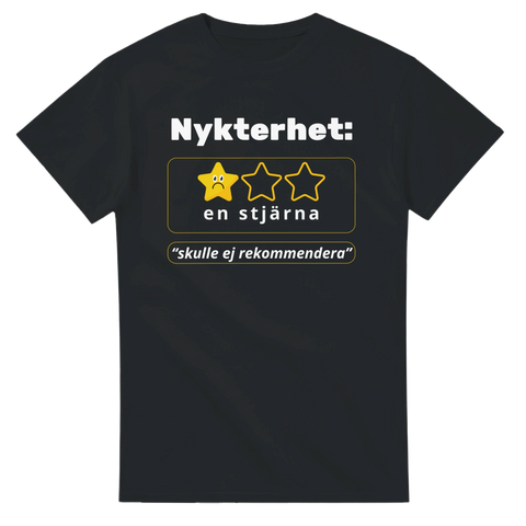 Roligt motiv: Nykterhet får en stjärna, "skulle ej rekommendera" på svart t-shirt.