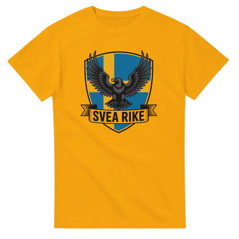 Statement-design med korp och svensk flagga på en gul t-shirt