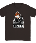 Grafiskt stenciltryck föreställande Ed Sheeran som Godzilla på brun t-shirt