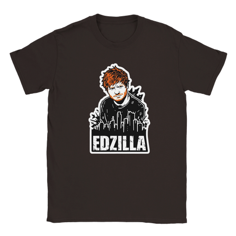 Grafiskt stenciltryck föreställande Ed Sheeran som Godzilla på brun t-shirt