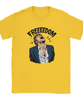 Gul t-shirt med uttrycksfull och dramatisk grafisk illustration