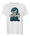 Tecknad grön ål med texten "EDDIE EEL" på vit ekologisk oversized t-shirt.