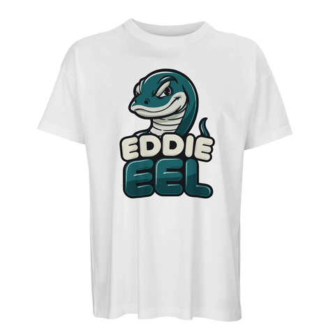 Tecknad grön ål med texten "EDDIE EEL" på vit ekologisk oversized t-shirt.