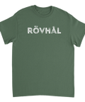 Vit text "RÖVHÅL" med sliten effekt på mörkgrön t-shirt, provokativ design.