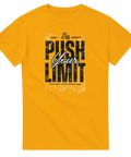 Svart text "Push Your Limit" med hantel på senapsgul t-shirt.