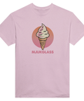 Ljusrosa t-shirt med mjukt illustrerad mjukglass och cirkelbakgrund