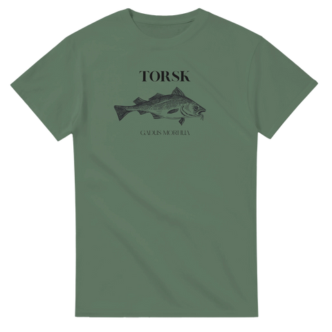 Vintage-inspirerat fiskmotiv på en olivgrön t-shirt – grafisk illustration