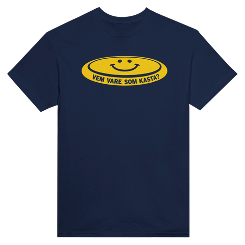 Grafiskt tryck med smiley och citatet Vem vare som kasta – humoristisk t-shirt