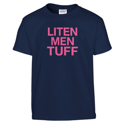 Grafiskt citat Liten men tuff i rosa på marinblå t-shirt