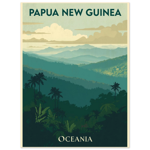 Grafisk affisch med texten Papua New Guinea och Oceania som visar ett böljande djungellandskap i grafisk stil.