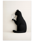 Närbild på en modern konstposter föreställande en katt med vinglas i skandinavisk stil med mjuka kontraster.