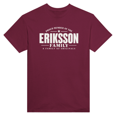 Vinröd t-shirt med texten Eriksson – A Family of Originals