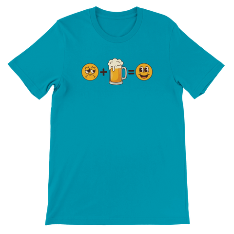 Turkos t-shirt med smileys och en ölsejdel som bildar en ekvation.