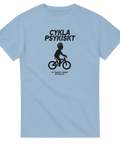 Cykla Psykiskt" text och stiliserad cyklist med tankebubblor på ljusblå t-shirt.