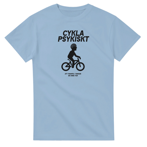 Cykla Psykiskt" text och stiliserad cyklist med tankebubblor på ljusblå t-shirt.