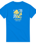 Psykedeliska gula svampar med vita stjärnor och texten "TRIPPY ESTD. 2025" på blå t-shirt.