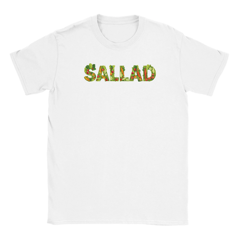 T-shirt med humoristisk textdesign uppbyggd av krispiga salladsblad och tomater