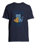 Pizza Cat-motiv med blå katt som äter pizza, text "PIZZA CAT" på marinblå t-shirt.