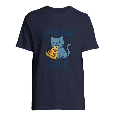Pizza Cat-motiv med blå katt som äter pizza, text "PIZZA CAT" på marinblå t-shirt.