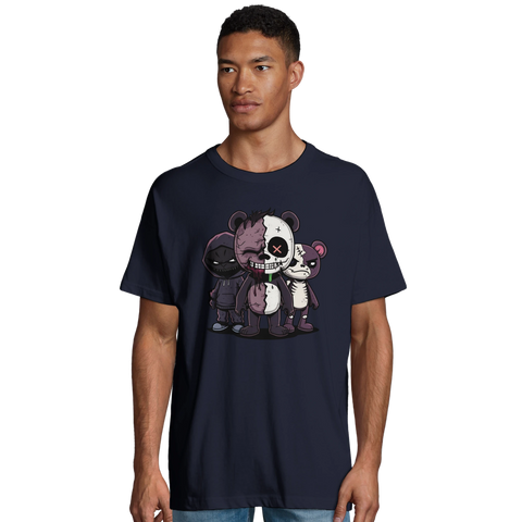 Tecknade zombies: panda, figur i hoodie, björn på marinblå ekologisk oversized t-shirt.