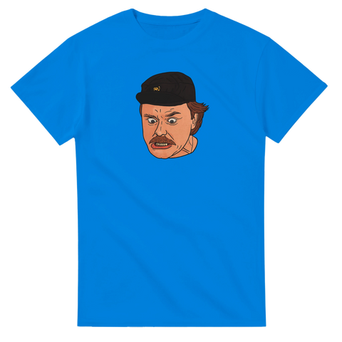 Eddie Ståhl-karikatyr med förvånat ansikte och keps på blå t-shirt.