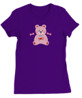 Rosa nallebjörn med "I ♥ U" och rosetter på lila dam-t-shirt.