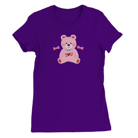 Rosa nallebjörn med "I ♥ U" och rosetter på lila dam-t-shirt.