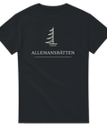 Minimalistisk illustration av en gran med texten Allemansrätten – grafisk t-shirt