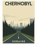 Närbild på travel poster föreställande Tjernobyl i Ukraina med minimalistiska siluetter av barrskog och industri.