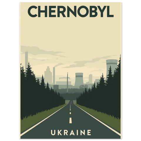 Närbild på travel poster föreställande Tjernobyl i Ukraina med minimalistiska siluetter av barrskog och industri.