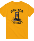 Mörk humoristisk design med giljotin och texten Those Were The Days – gul t-shirt