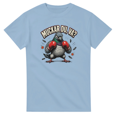 Rolig t-shirt med kaxig duva och boxningstema – blå grafisk design