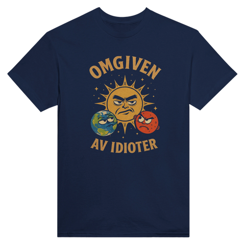 Marinblå t-shirt med humoristiskt motiv av ett irriterat solsystem i retrostil