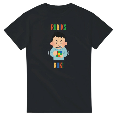 Arg karaktär som löser kub på svart t-shirt – Rubiks Kuk! tryck