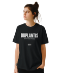 Duplantis "Gravity was optional" text och svensk flagga på svart t-shirt.