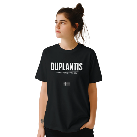 Duplantis "Gravity was optional" text och svensk flagga på svart t-shirt.