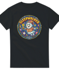Svart t-shirt med nostalgiskt tryck av ett sömngående spöke och måne