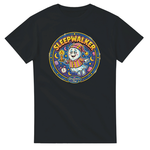 Svart t-shirt med nostalgiskt tryck av ett sömngående spöke och måne