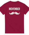 Mörkrosa t-shirt med vitt Movember-tryck och stor mustasch.