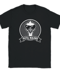 Svart t-shirt med badge-motiv av en struts i solglasögon och texten Puta Madre