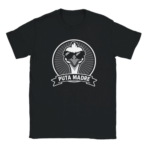 Svart t-shirt med badge-motiv av en struts i solglasögon och texten Puta Madre