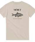 Detaljerad mörte-illustration på beige t-shirt med latinskt namn