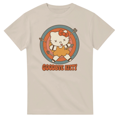 Grafiskt tryck med söt katt och makaber twist – sandfärgad t-shirt