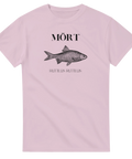 Klassiskt fiskmotiv med latinsk text på rosa t-shirt för fiskare