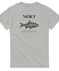 [Grå] [t-shirt] med [svart text “MÖRT RUTILUS RUTILUS” och en illustration av en mört].