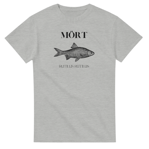 [Grå] [t-shirt] med [svart text “MÖRT RUTILUS RUTILUS” och en illustration av en mört].